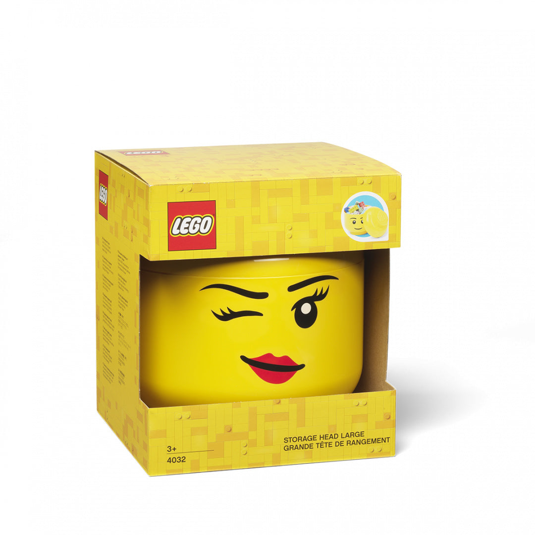Pojemnik LEGO dziewczynka w kształcie żółtej głowy z uśmiechem i mrugającym okiem