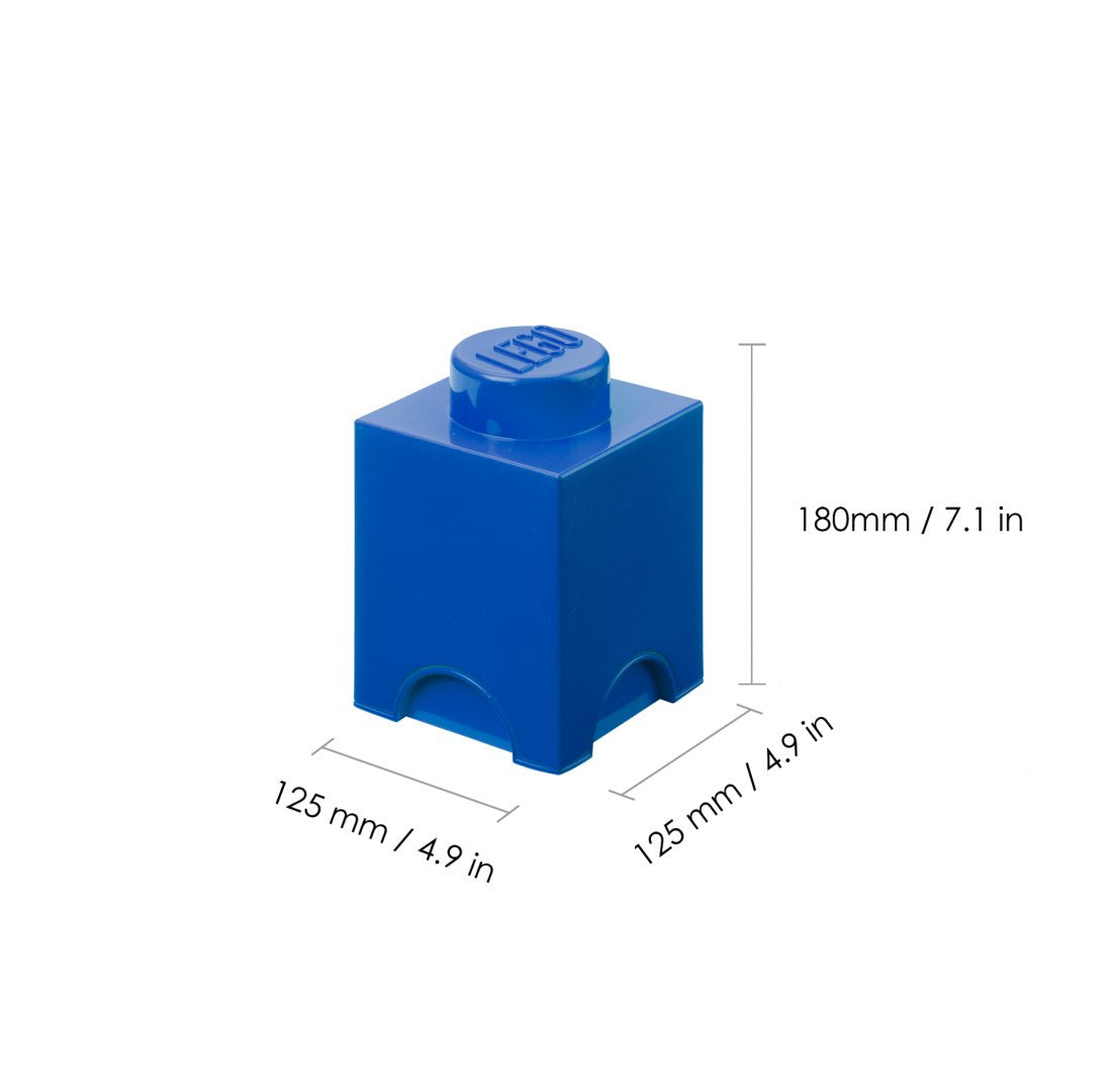 Niebieski pojemnik LEGO na zabawki w kształcie klocka z wymiarami 125x125x180 mm