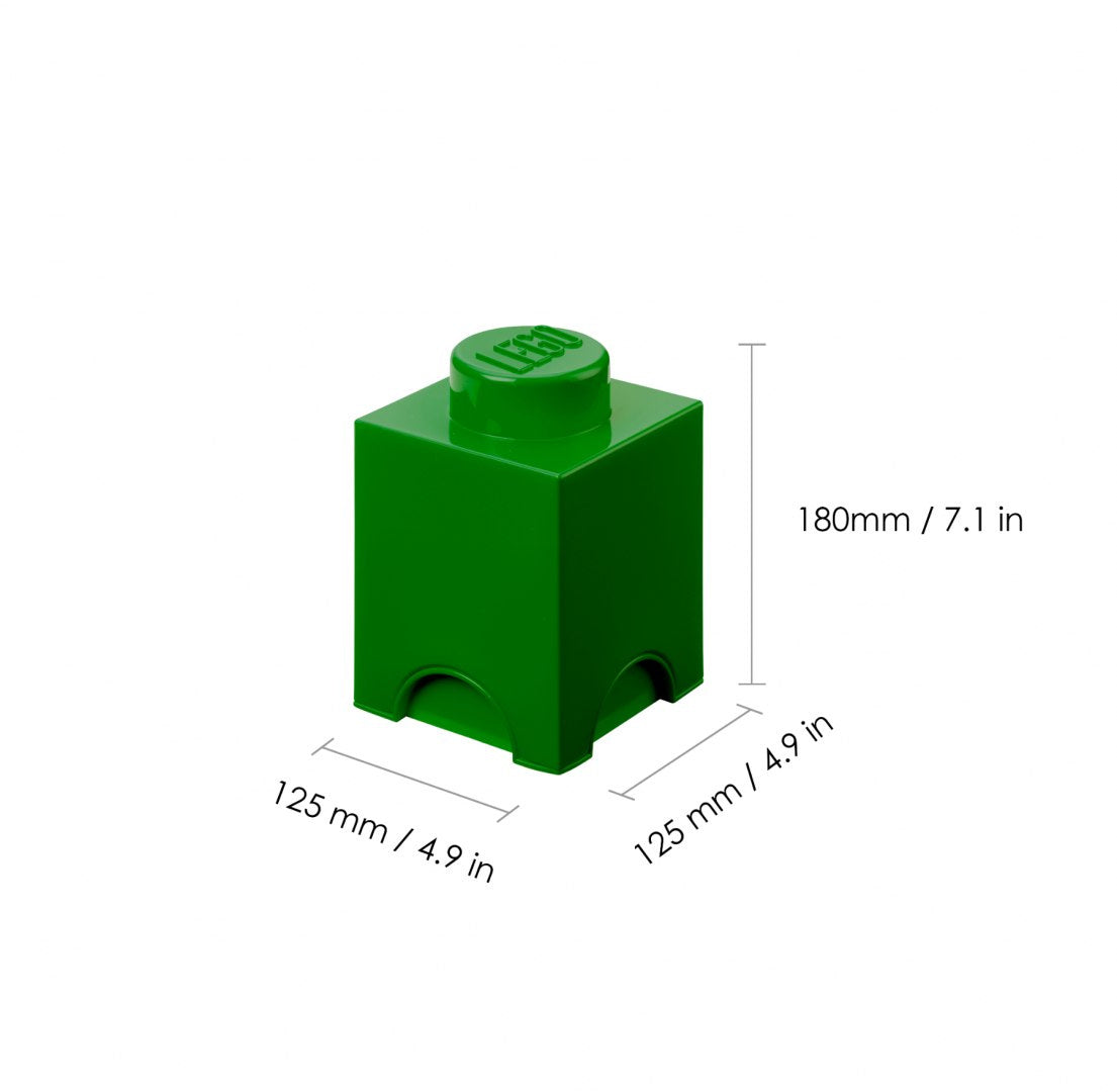 Pojemnik LEGO zielony w kształcie klocka z wymiarami 180x125x125 mm do przechowywania zabawek