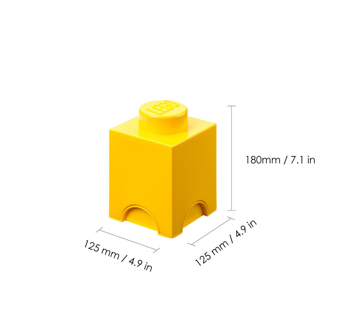 żółty pojemnik LEGO klocek żółty w kształcie dużego klocka z wymiarami 180x125x125 mm