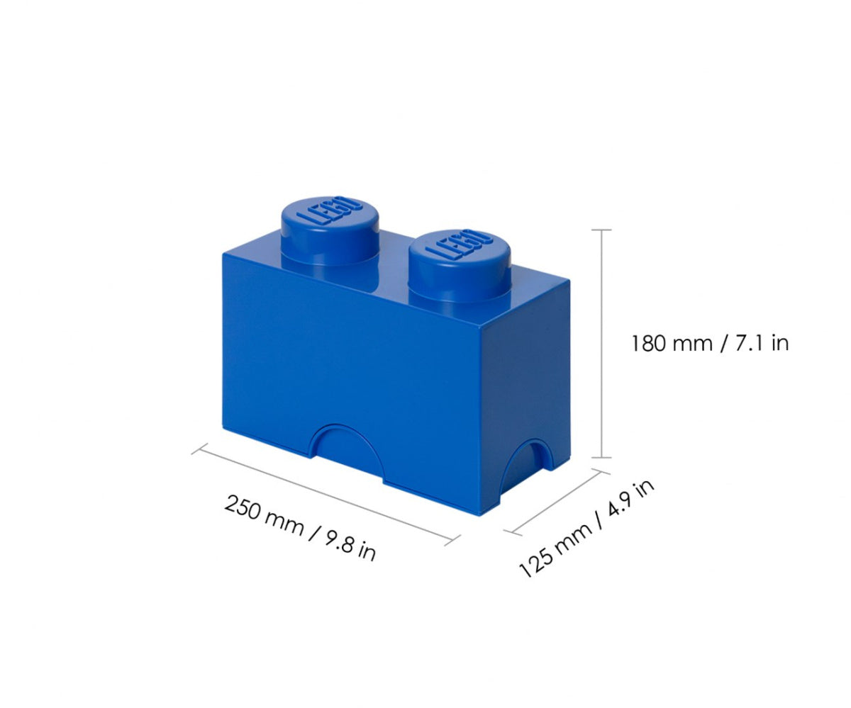 Niebieski pojemnik LEGO na zabawki w kształcie dużej kostki Lego z wymiarami
