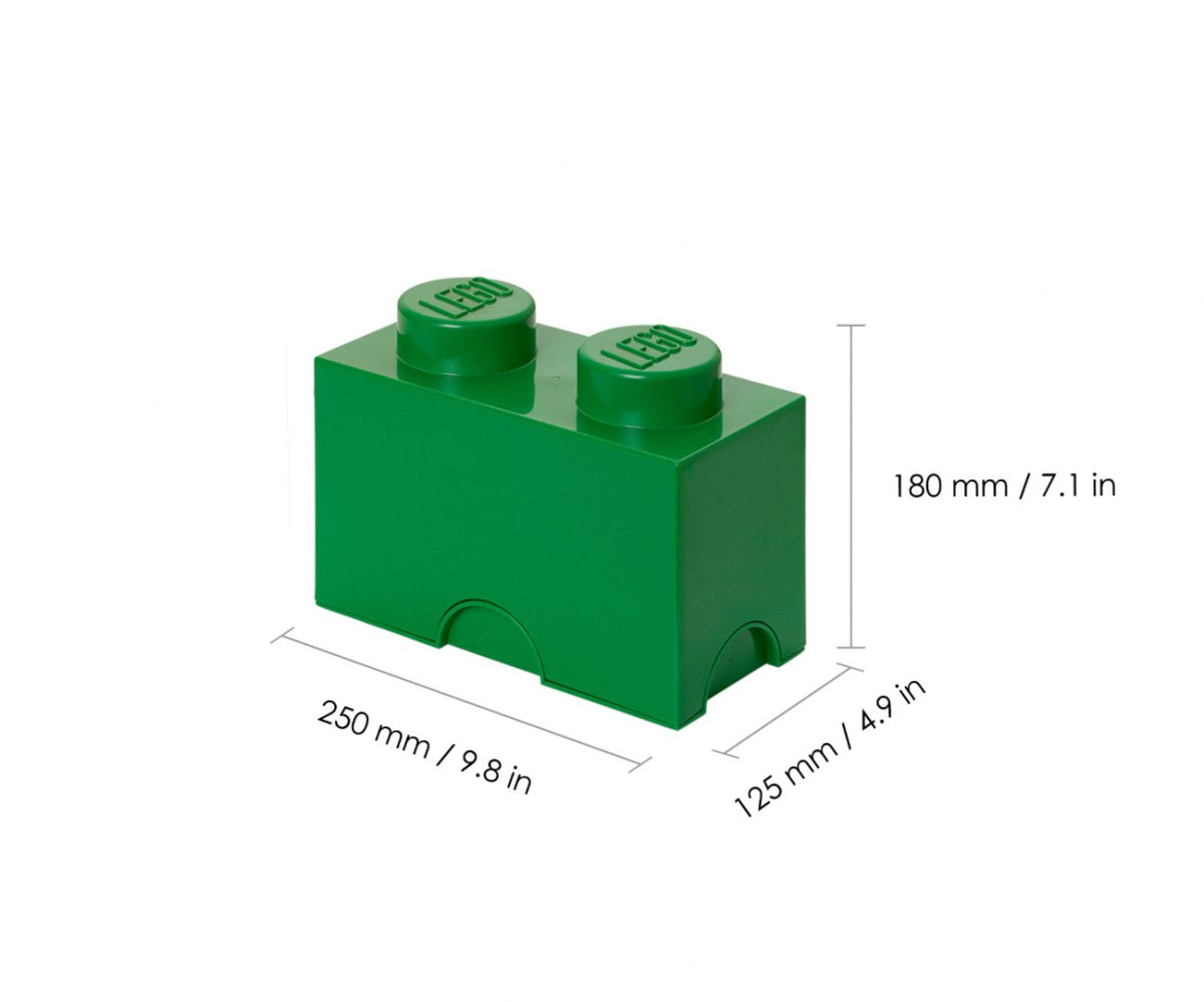 Zielony pojemnik LEGO na zabawki w kształcie klocka z wymiarami 250x125x180 mm