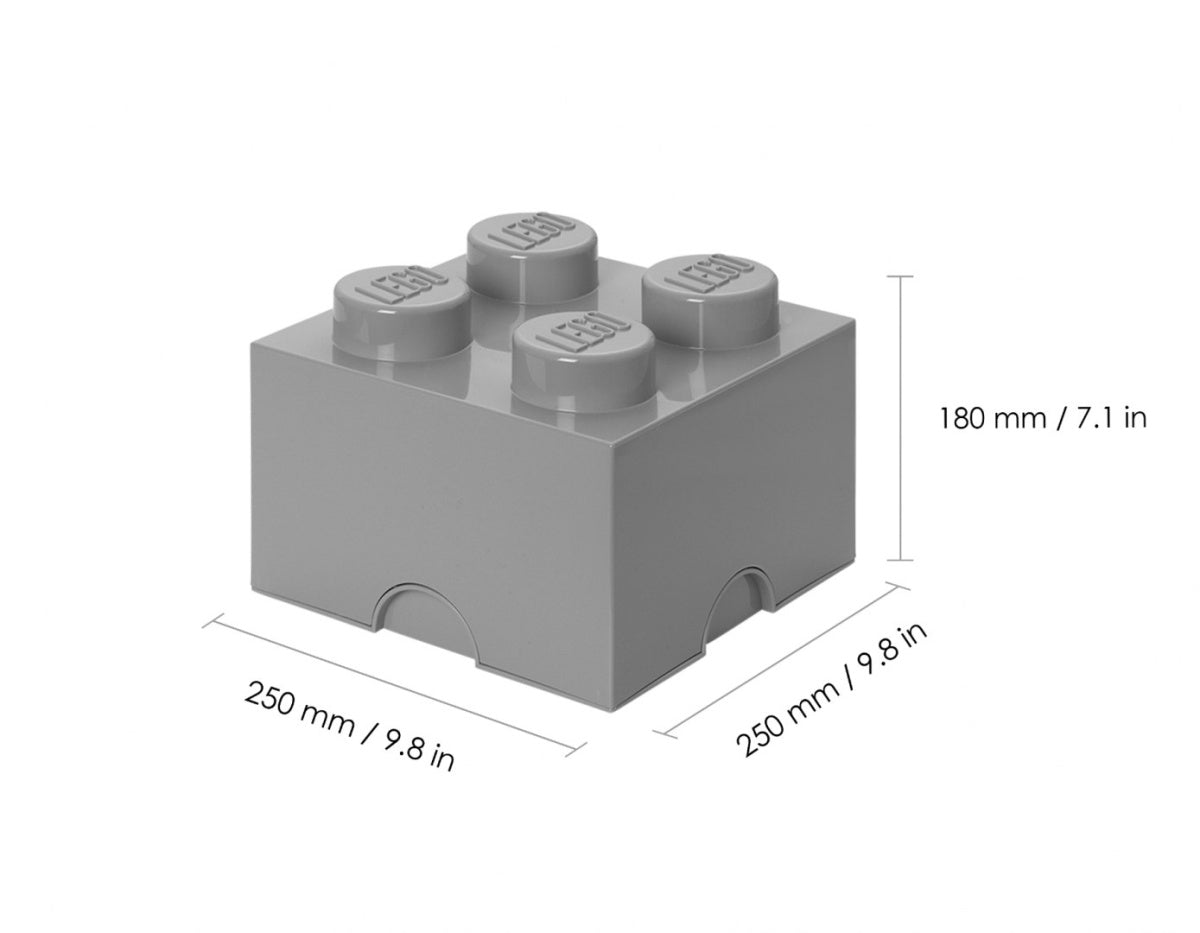 Szary pojemnik LEGO Brick 4 o wymiarach 250x250x180 mm do przechowywania klocków LEGO