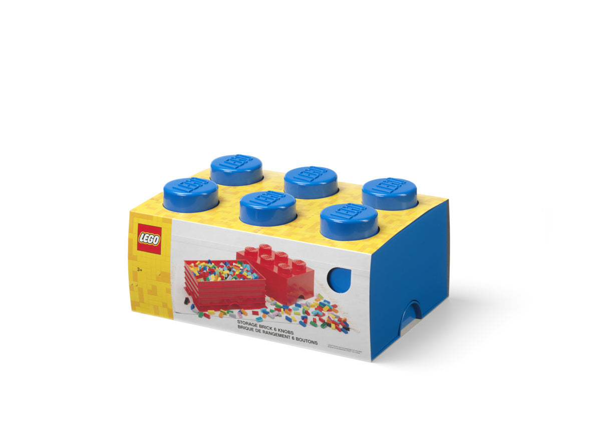 Pojemnik LEGO na zabawki w kształcie dużej klockowej kostki w kolorach żółtym i niebieskim