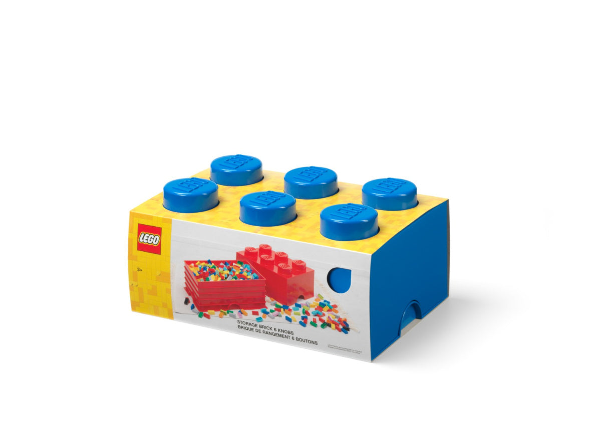 Pojemnik LEGO na zabawki w kształcie żółtej klocek z niebieskimi elementami
