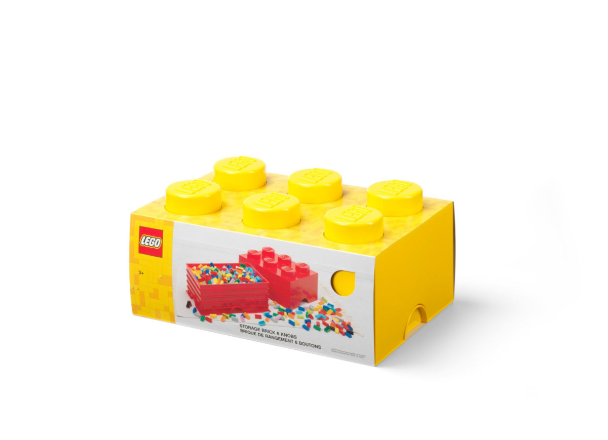 Żółty pojemnik LEGO na klocki w kształcie klasycznego klocka z logo LEGO na opakowaniu