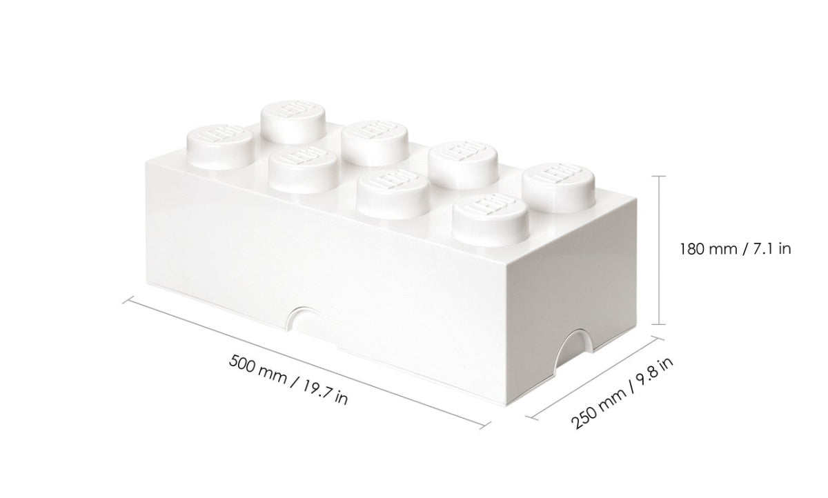 Biały pojemnik LEGO Brick 8 w kształcie klocka z wymiarami 500x250x180 mm