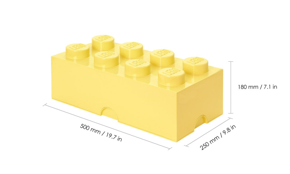 żółty pojemnik LEGO na klocki w kształcie dużej cegiełki z wymiarami 50x25x18 cm