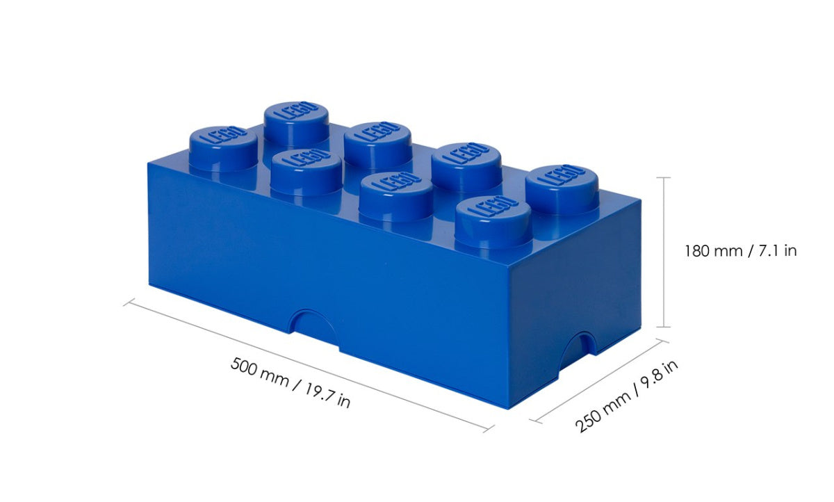 niebieski pojemnik LEGO Brick 8 w kształcie klocka do przechowywania z wymiarami