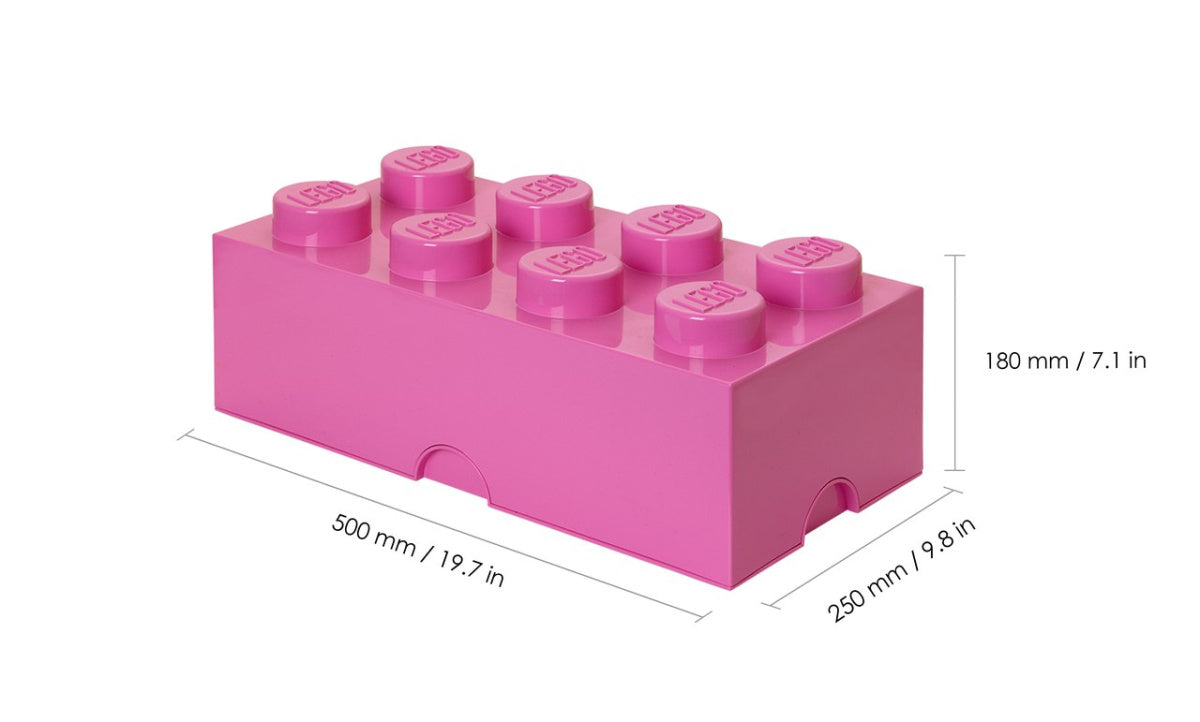 Różowy pojemnik LEGO na zabawki w kształcie klasycznej cegiełki z wymiarami 500x250x180 mm