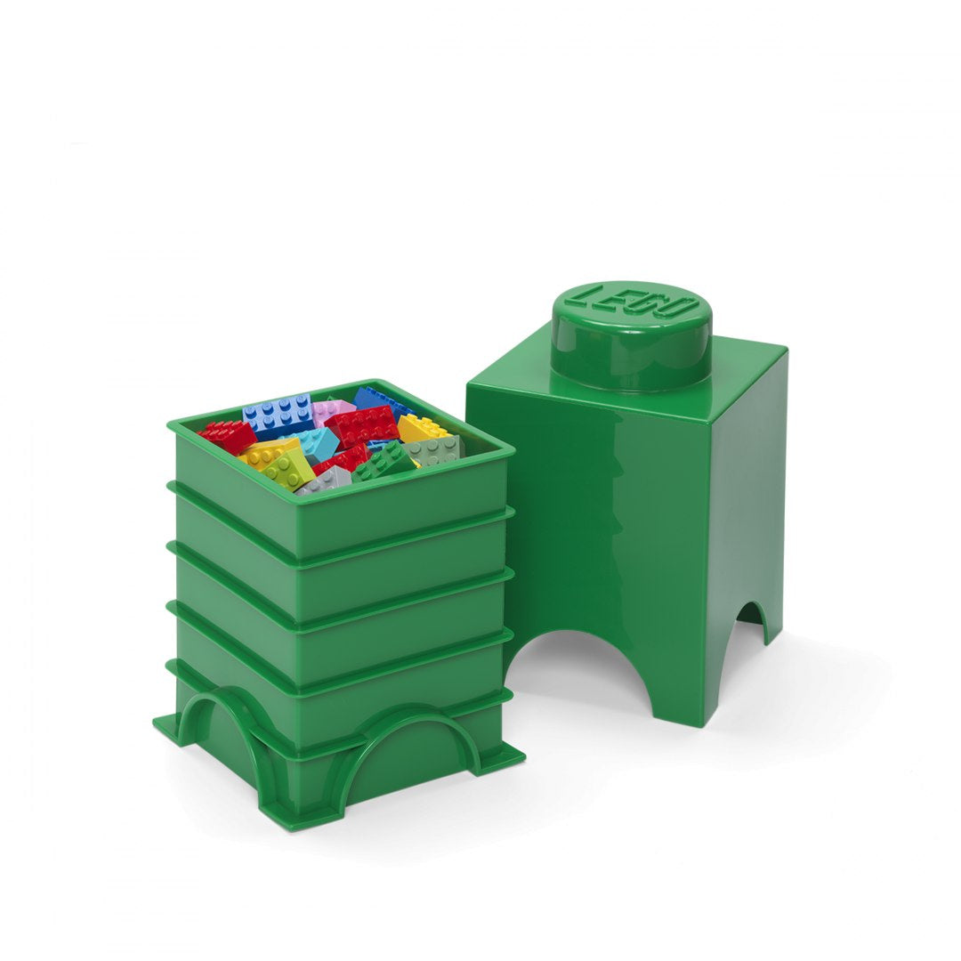 Pojemnik LEGO zielony w kształcie klocka do przechowywania kolorowych klocków LEGO