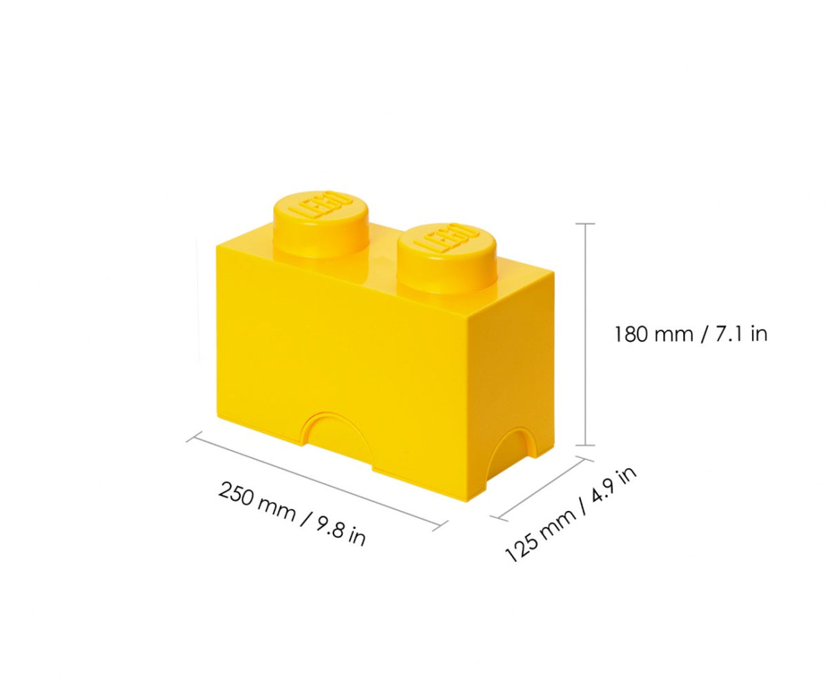 Żółty pojemnik LEGO na klocki w kształcie dużej cegły do przechowywania z wymiarami