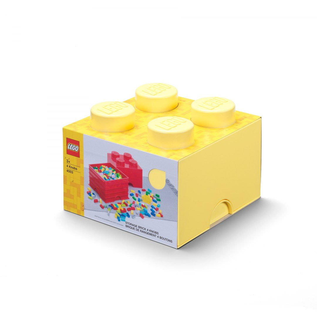 Żółty pojemnik LEGO na klocki w kształcie klasycznej kostki z czterema wypustkami