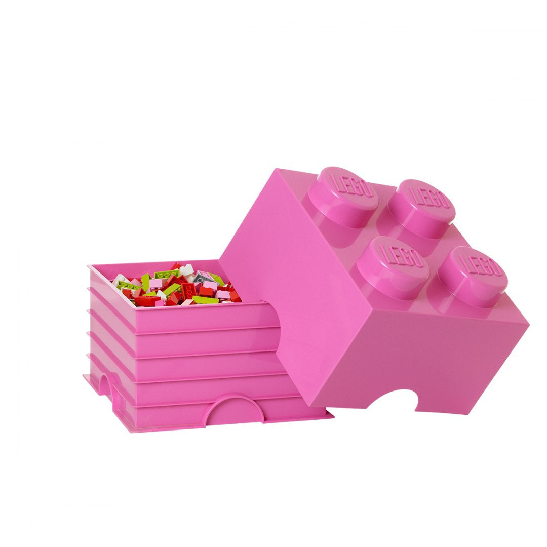 Pojemnik LEGO różowy w kształcie dużej kostki z kolorowymi klockami w środku