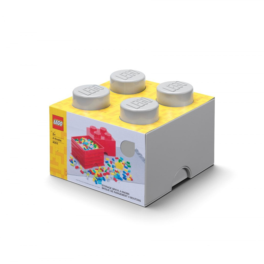 Pojemnik LEGO Brick 4 szary w kształcie klocka do przechowywania z logo LEGO na wieczku