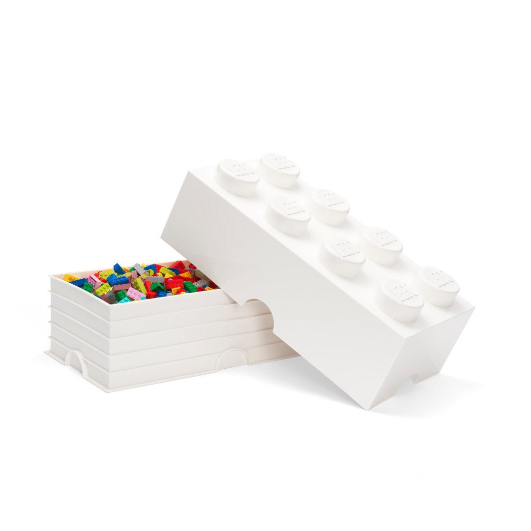 Pojemnik LEGO Brick 8 biały z otwartą pokrywą i kolorowymi klockami w środku