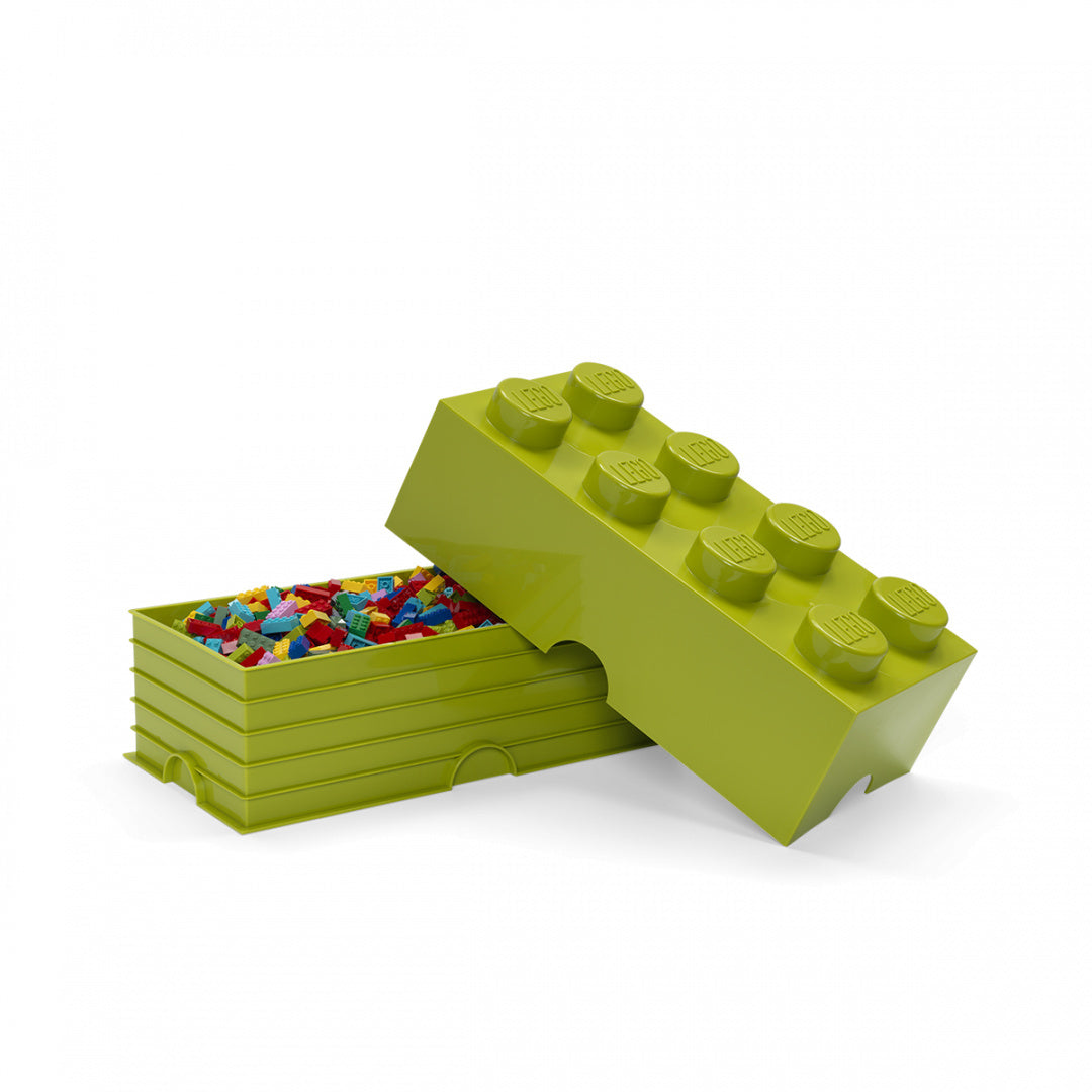 Pojemnik LEGO klocek jasnozielony do przechowywania z otwartą pokrywą i klockami w środku