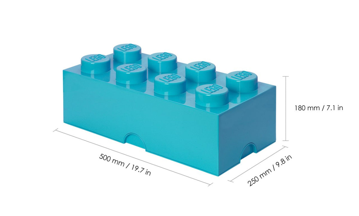 Pojemnik LEGO Brick 8 lazurowy w kształcie dużej cegiełki do przechowywania z wymiarami