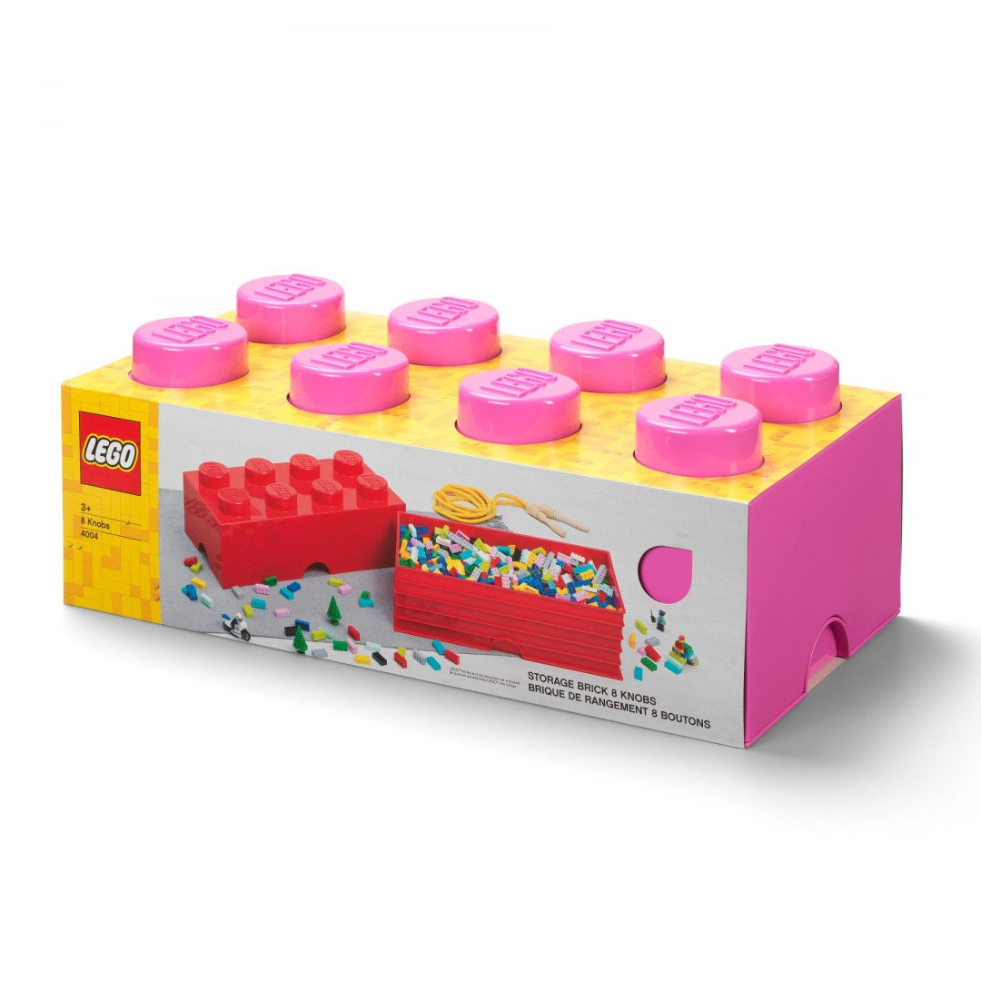 Kolorowy pojemnik LEGO na zabawki w kształcie dużej klockowej cegły z różowymi wypustkami