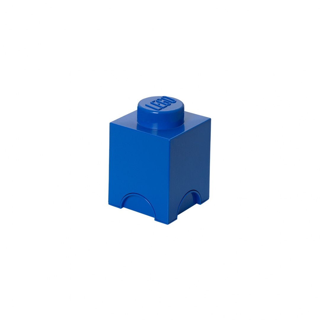 Niebieski pojemnik LEGO na zabawki w kształcie klocka z logo LEGO na wieczku