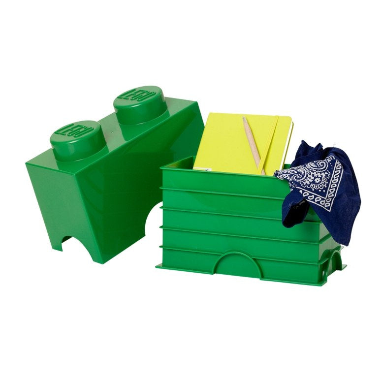 zielony pojemnik LEGO na zabawki przypominający klocki LEGO z wnętrzem na przechowywanie