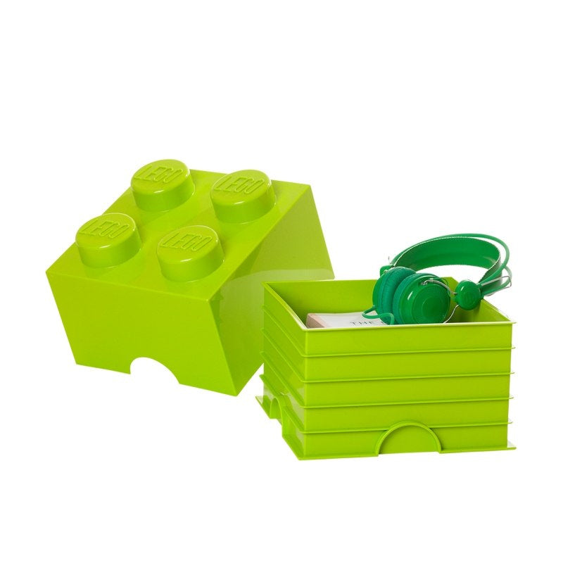 Pojemnik LEGO jasny zielony w kształcie klocka z otwartą pokrywą i przechowywaniem słuchawek