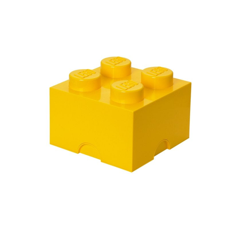 Żółty pojemnik LEGO na zabawki w kształcie klocka z czterema wystającymi wypustkami