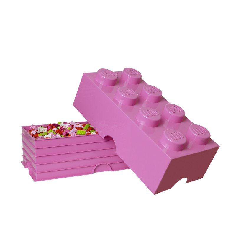 Pojemnik LEGO na zabawki w kolorze różowym w kształcie dużej kostki LEGO z otwartą pokrywą