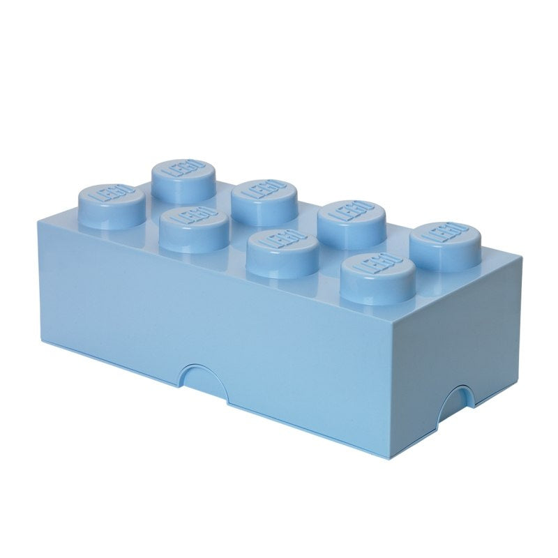 Niebieski pojemnik LEGO na zabawki w kształcie klocka z logo LEGO na wypustkach