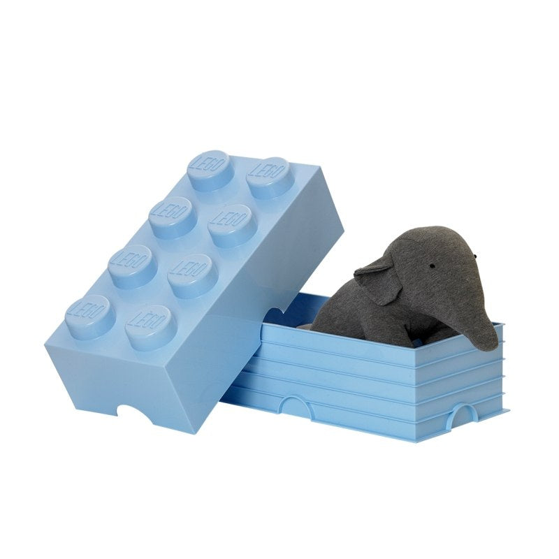 Niebieski pojemnik LEGO na zabawki w kształcie dużej klocka z maskotką słonia w środku