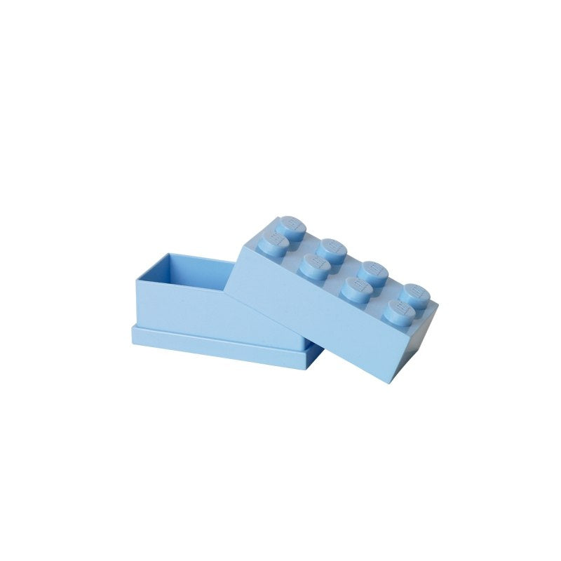 minipudełko LEGO jasnoniebieskie klockowe, otwarte z pokrywą na drobne przedmioty