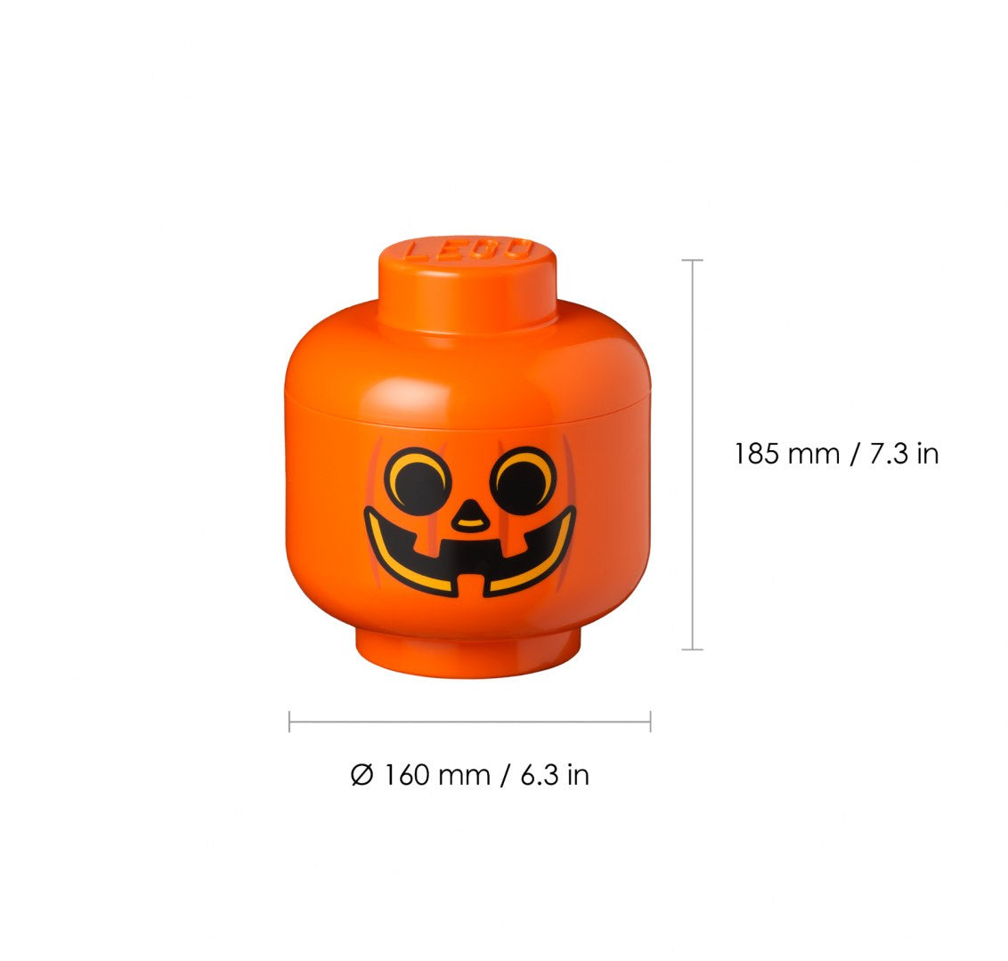 Pojemnik LEGO dynia w kształcie pomarańczowej główki z Halloween z wymiarami