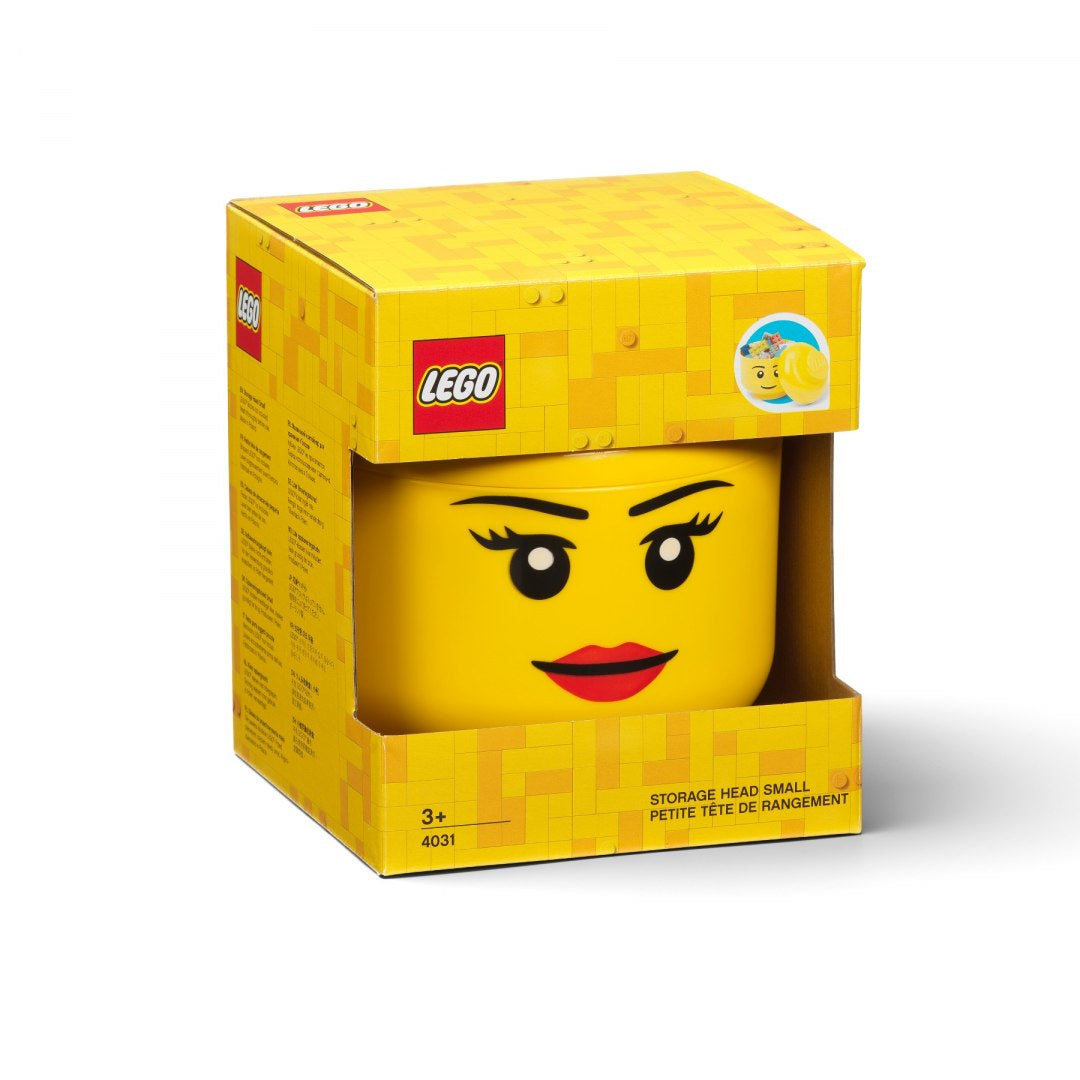 Pojemnik LEGO głowa dziewczynka żółty z nadrukiem twarzy i czerwoną szminką w pudełku