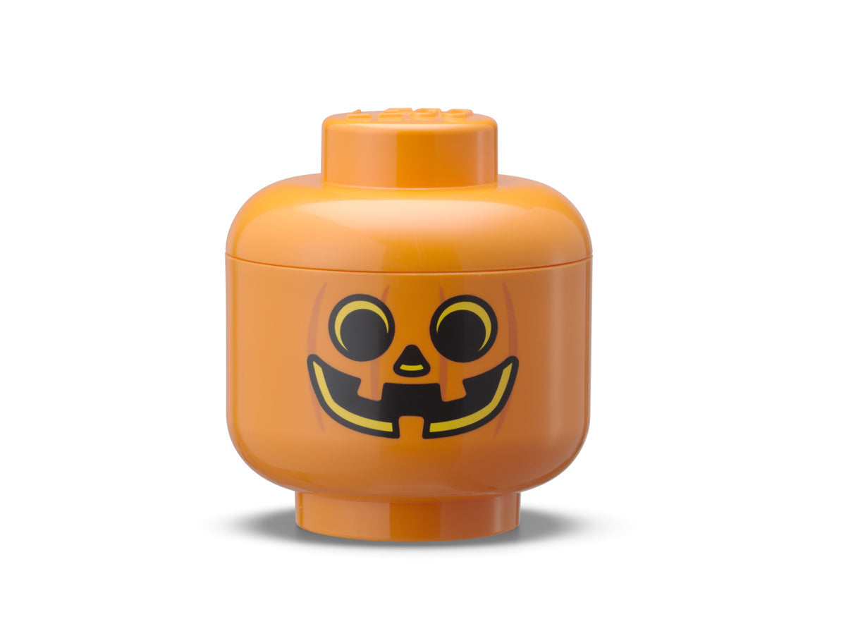 Pomarańczowy pojemnik LEGO dynia z uśmiechniętą twarzą dyni na Halloween