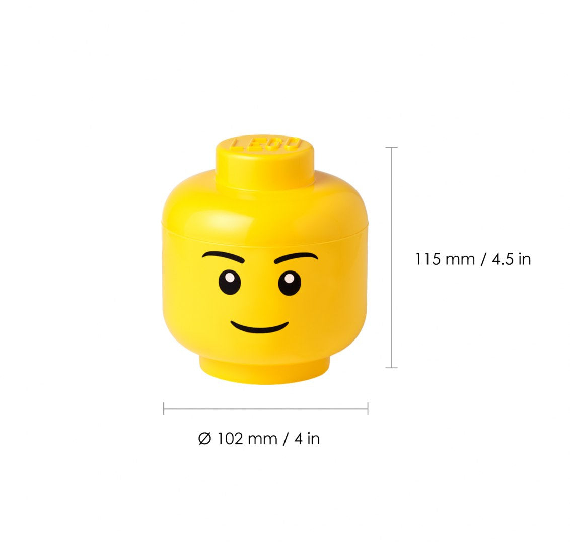Pojemnik LEGO głowa chłopiec w żółtym kolorze z wymiarami 115 mm na 102 mm