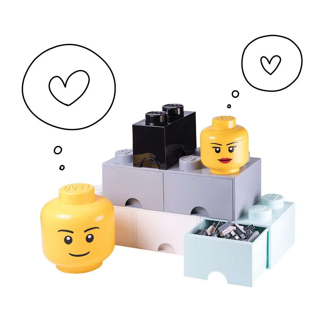 Pojemnik LEGO głowa dziewczynka i chłopiec z otwieranymi szufladami do przechowywania klocków