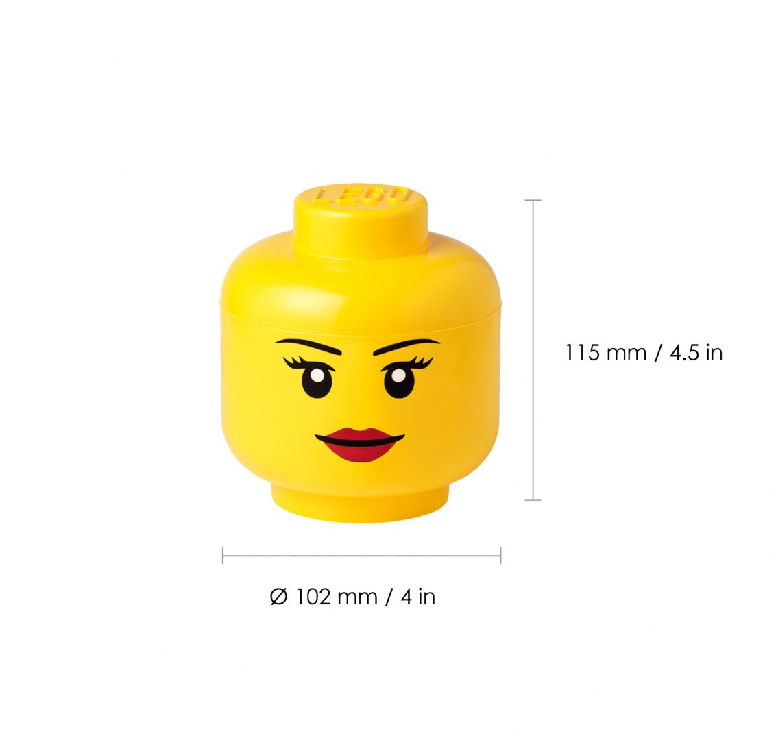 Pojemnik LEGO głowa dziewczynka żółty z twarzą i wymiarami 115 mm wysokości i 102 mm średnicy