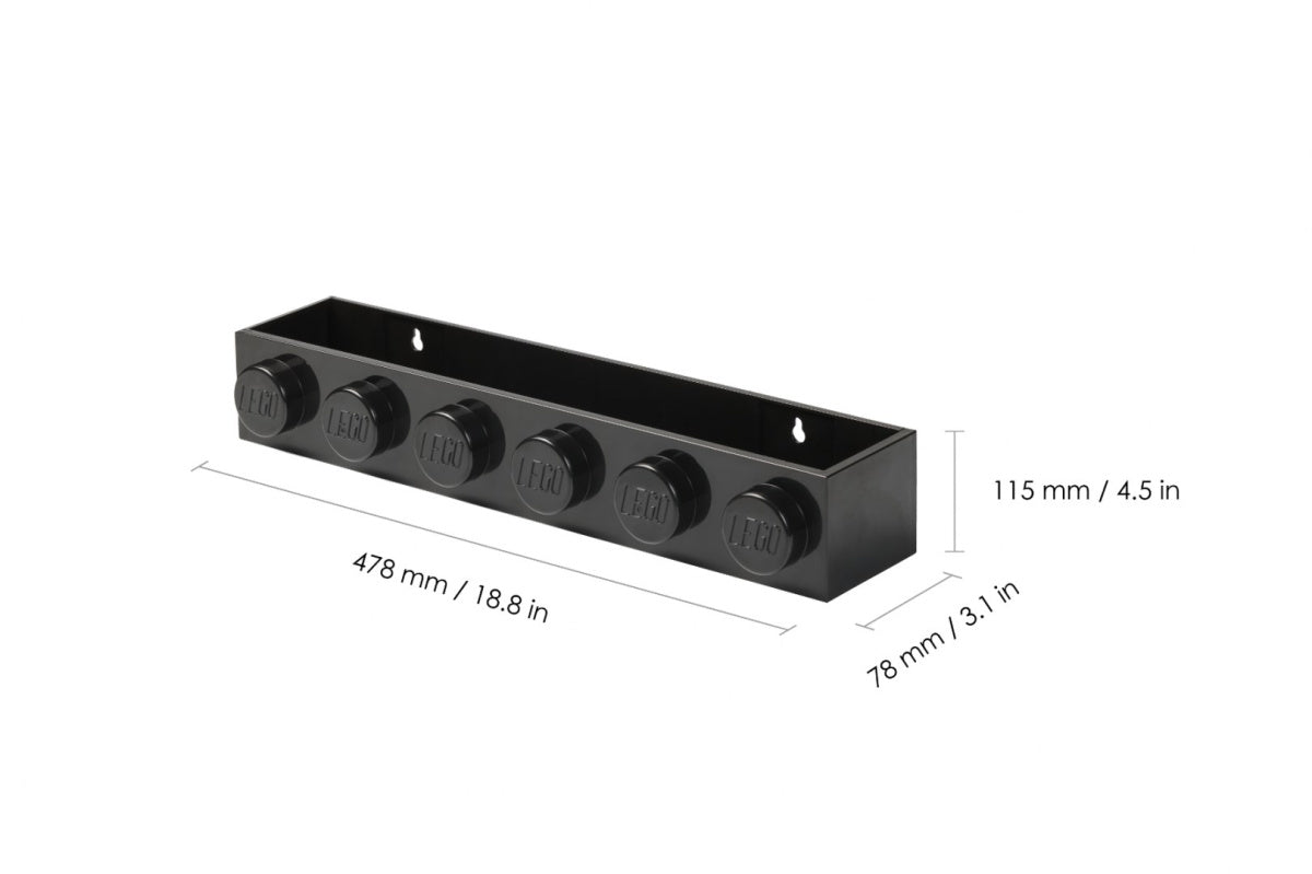 Czarna półka LEGO z sześcioma wypustkami do montażu klocków o wymiarach 478x115x78 mm