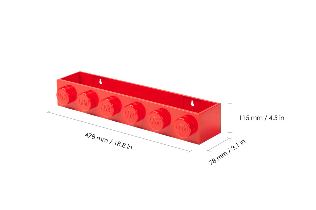 Półka LEGO czerwona w kształcie klocka z wymiarami 478x115x78 mm
