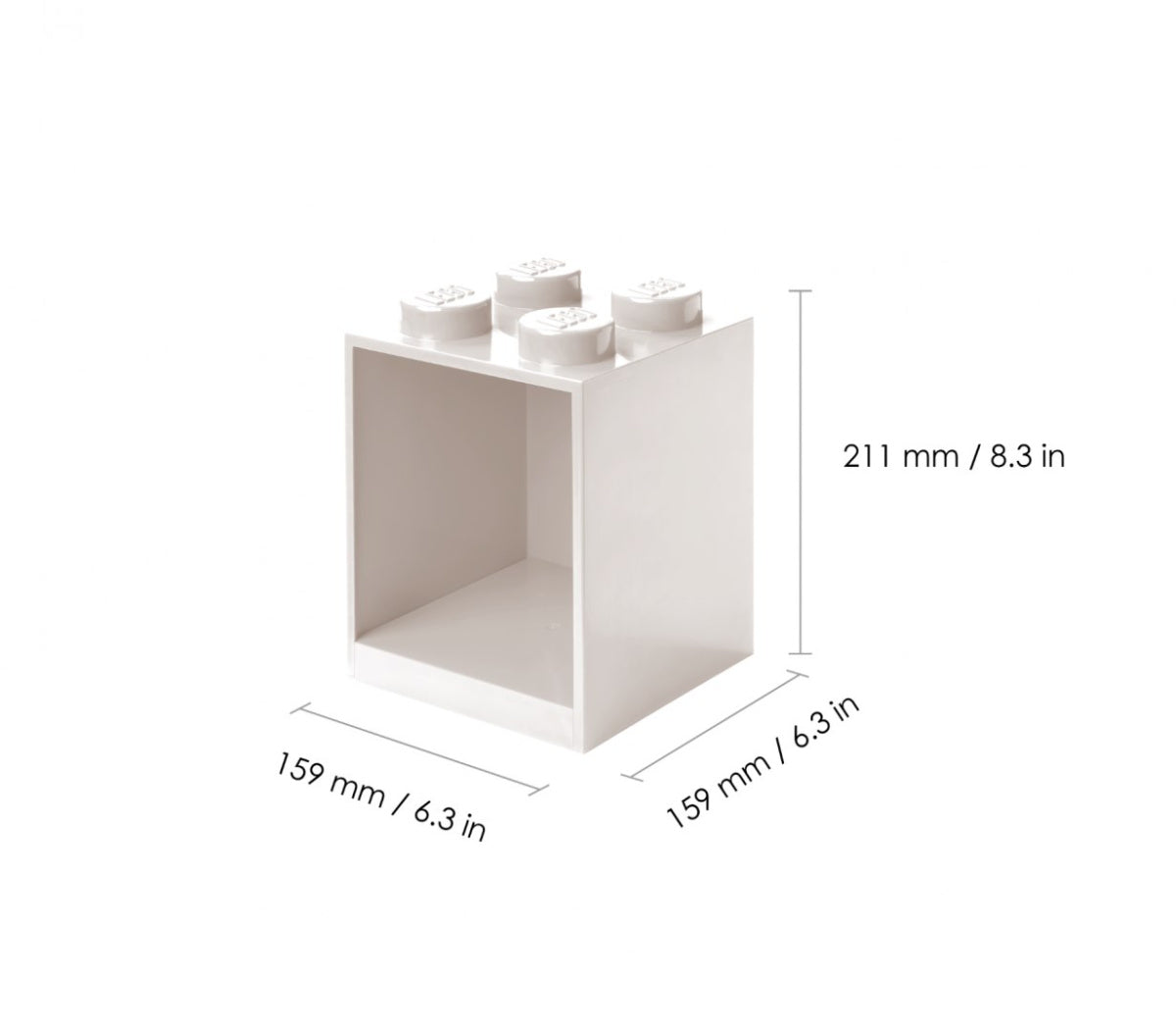 biała półka LEGO Brick 4 w kształcie klocka z wymiarami 159x159x211 mm do przechowywania