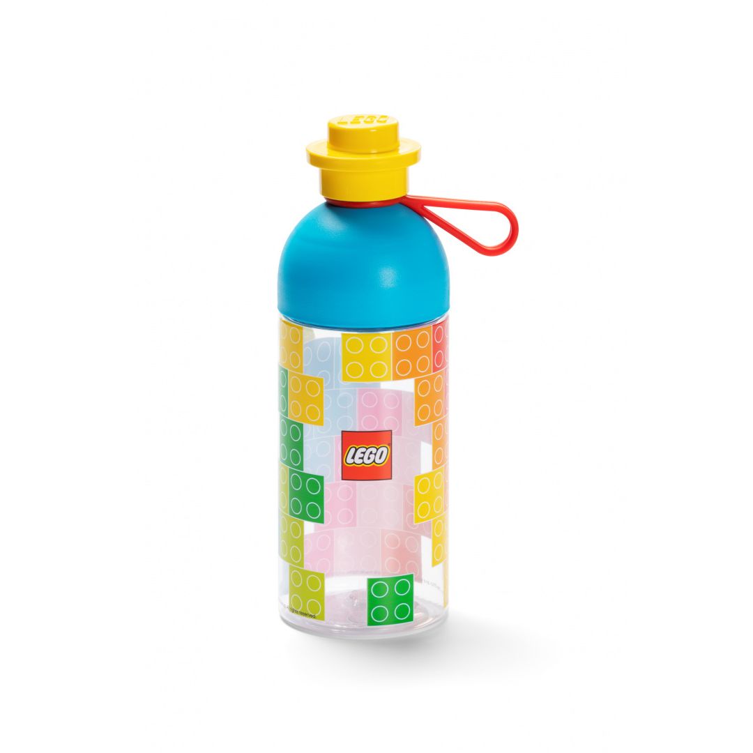 Kolorowa butelka LEGO przezroczysta 500 ml z niebieską nakrętką i żółtym elementem klocka