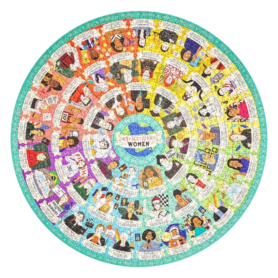Kolorowe puzzle inspirujące kobiety 1000 elementów z ilustracjami znanych kobiet na okrągłym obrazku