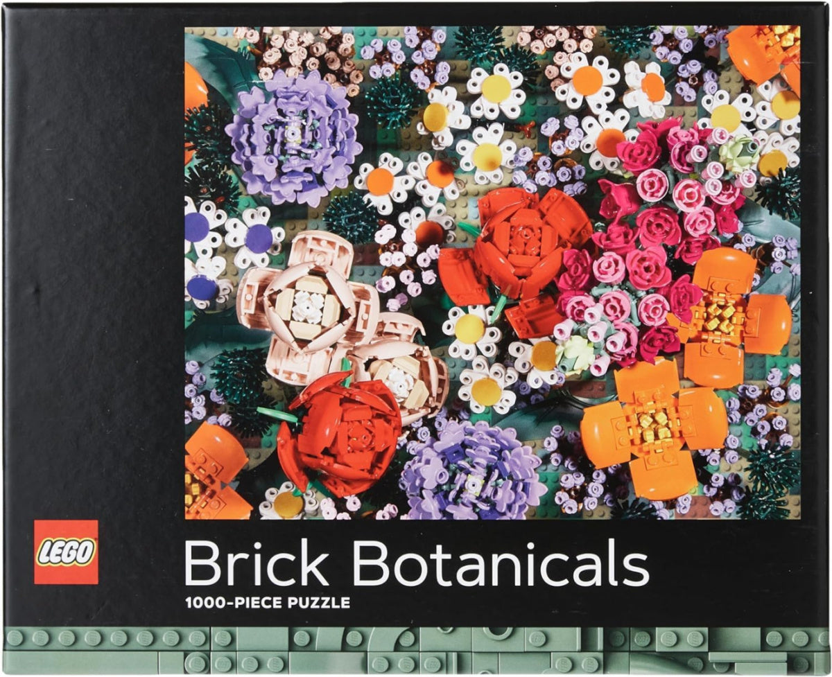 puzzle LEGO botanika 1000 elementów z kolorowymi kwiatami z klocków LEGO na czarnym tle