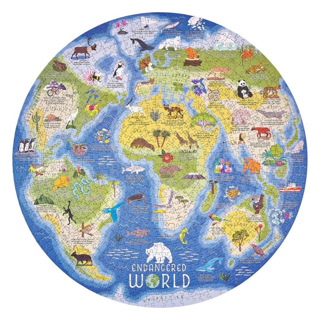 Puzzle z zagrożonymi gatunkami 1000 elementów przedstawiające mapę świata z ilustracjami zwierząt