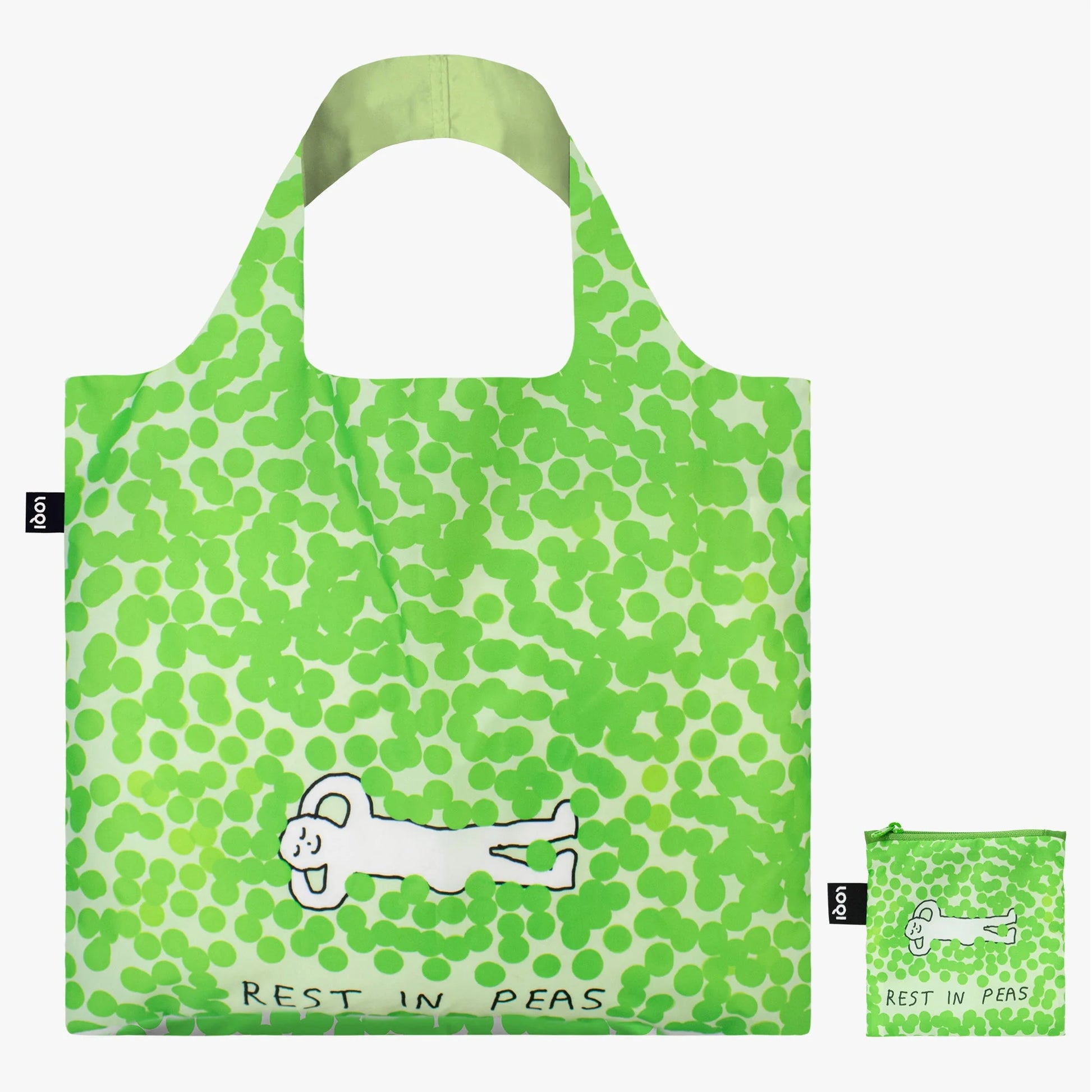 Zielona torba LOQI Rest in Peas z nadrukiem leżącego misia i napisem Rest in Peas