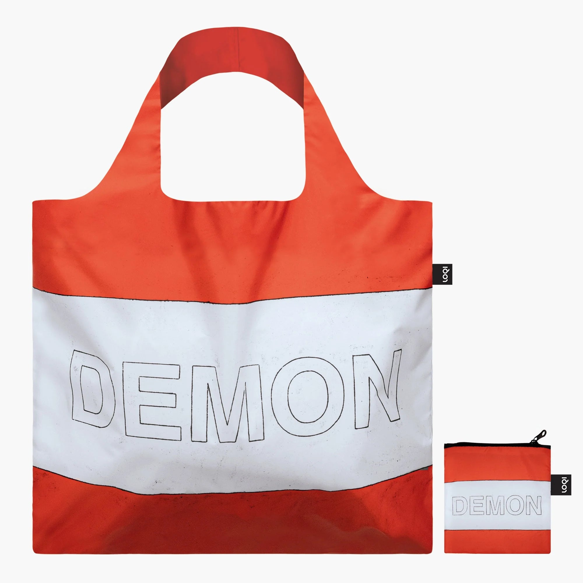 torba LOQI Matt Mullican Angel & Demon z czerwono-białym wzorem i napisem DEMON