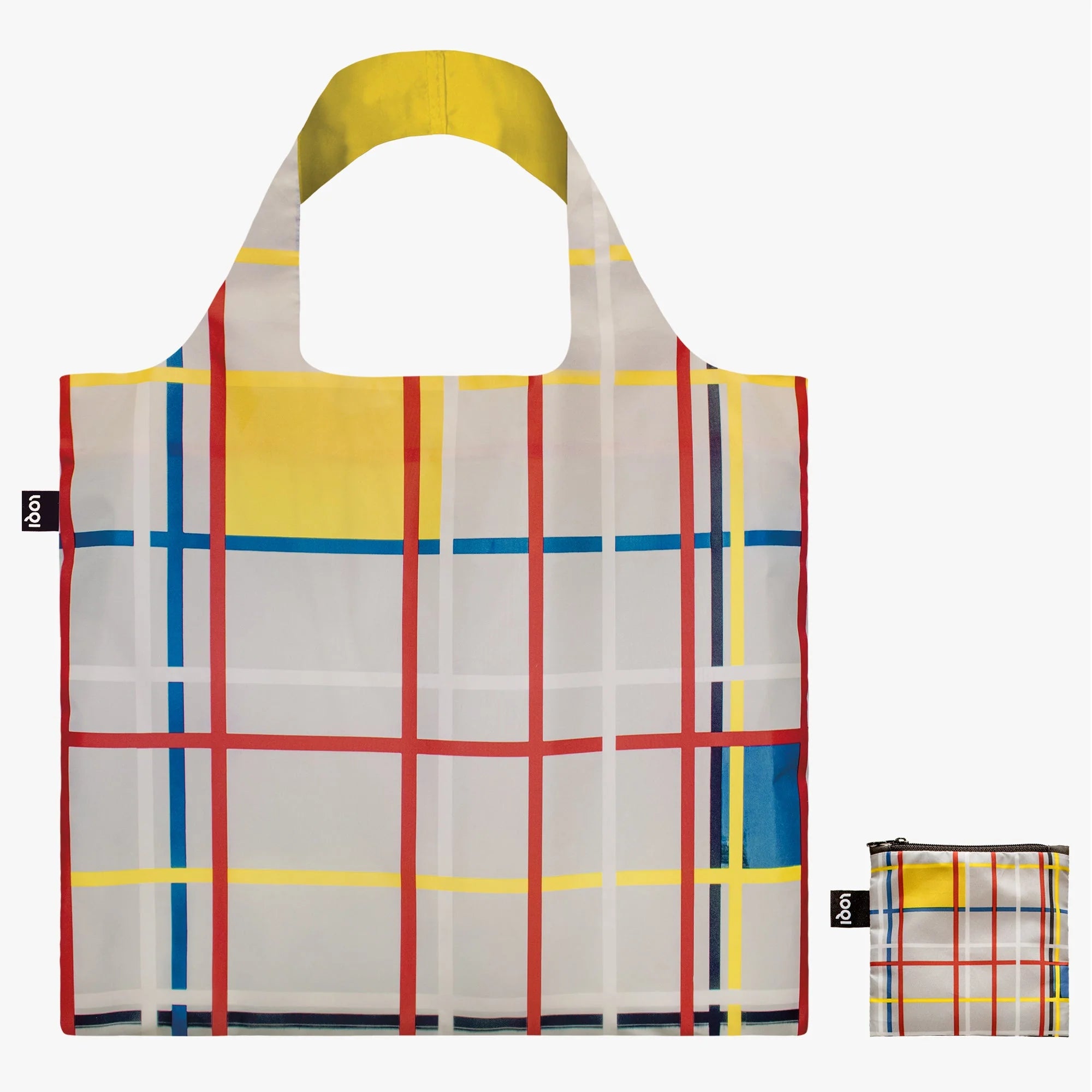 torba LOQI Piet Mondrian z kolorowym geometrycznym wzorem i składana w mały rozmiar