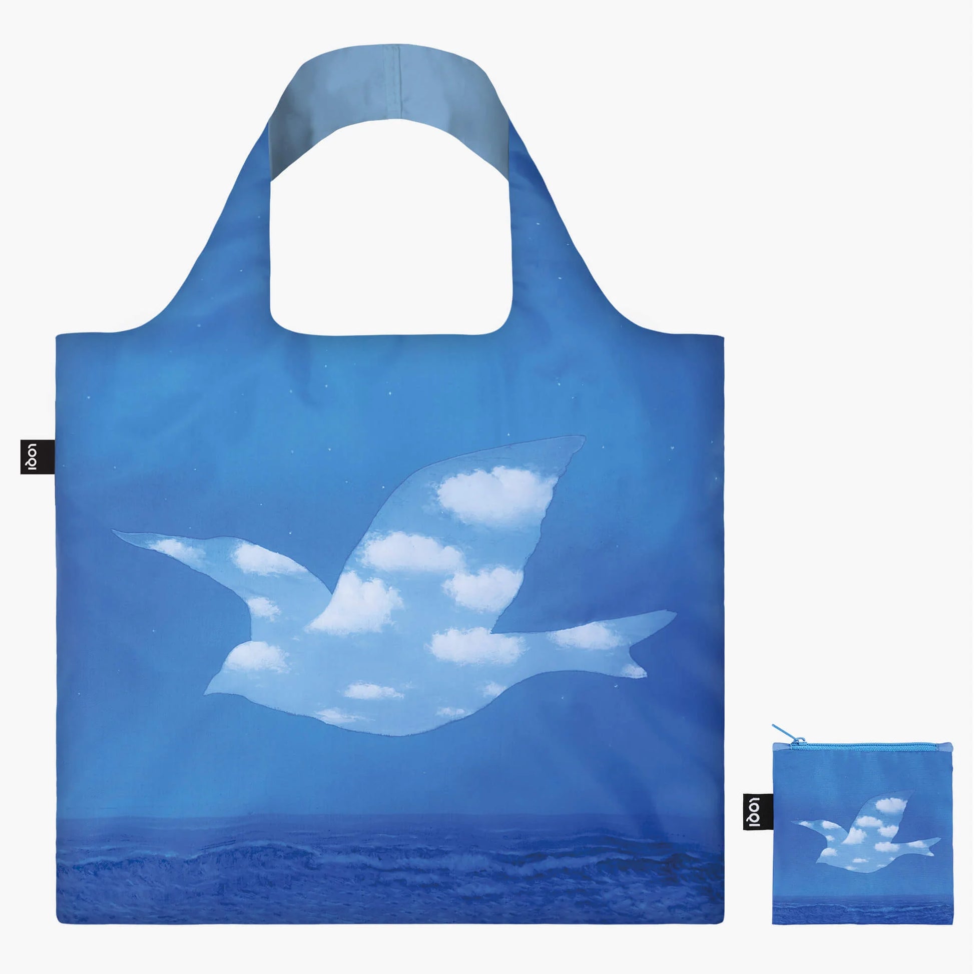 Niebieska torba podręczna Magritte z nadrukiem ptaka z chmur na tle nieba