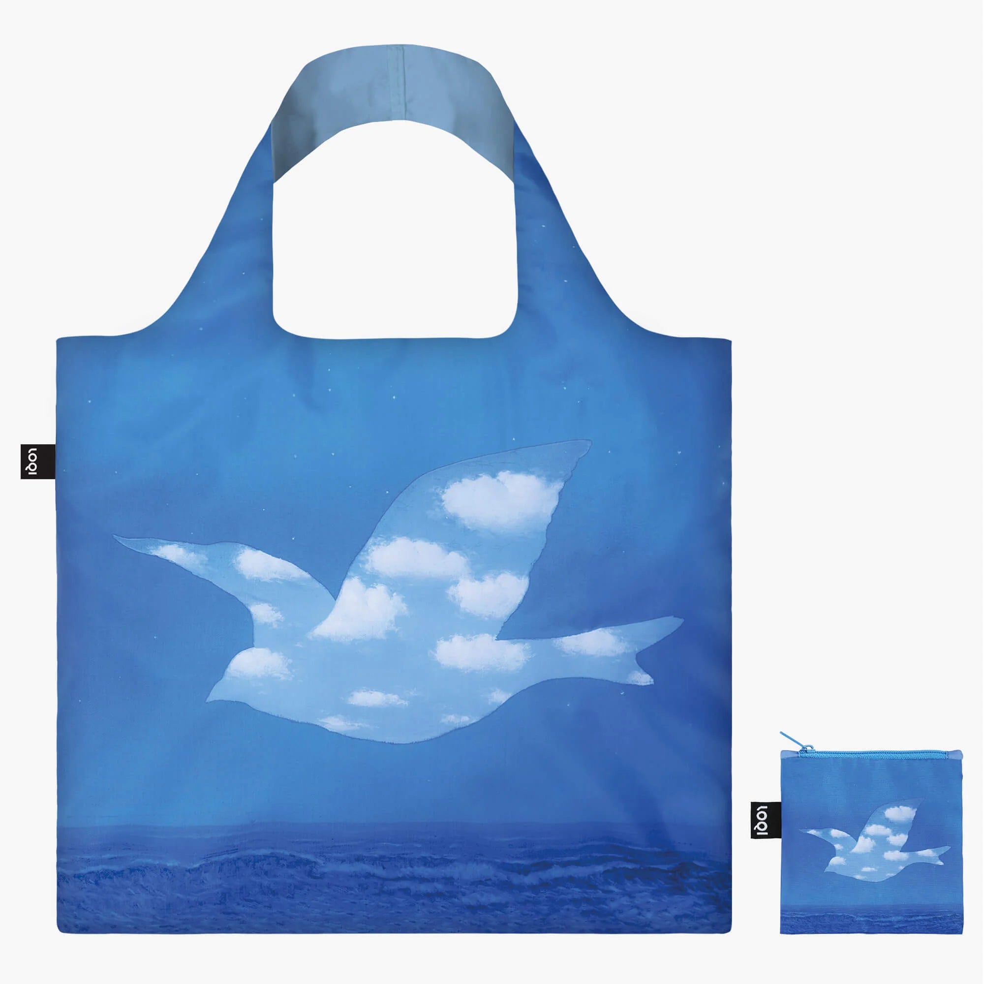 Niebieska torba podręczna Magritte z nadrukiem ptaka z chmur na tle nieba