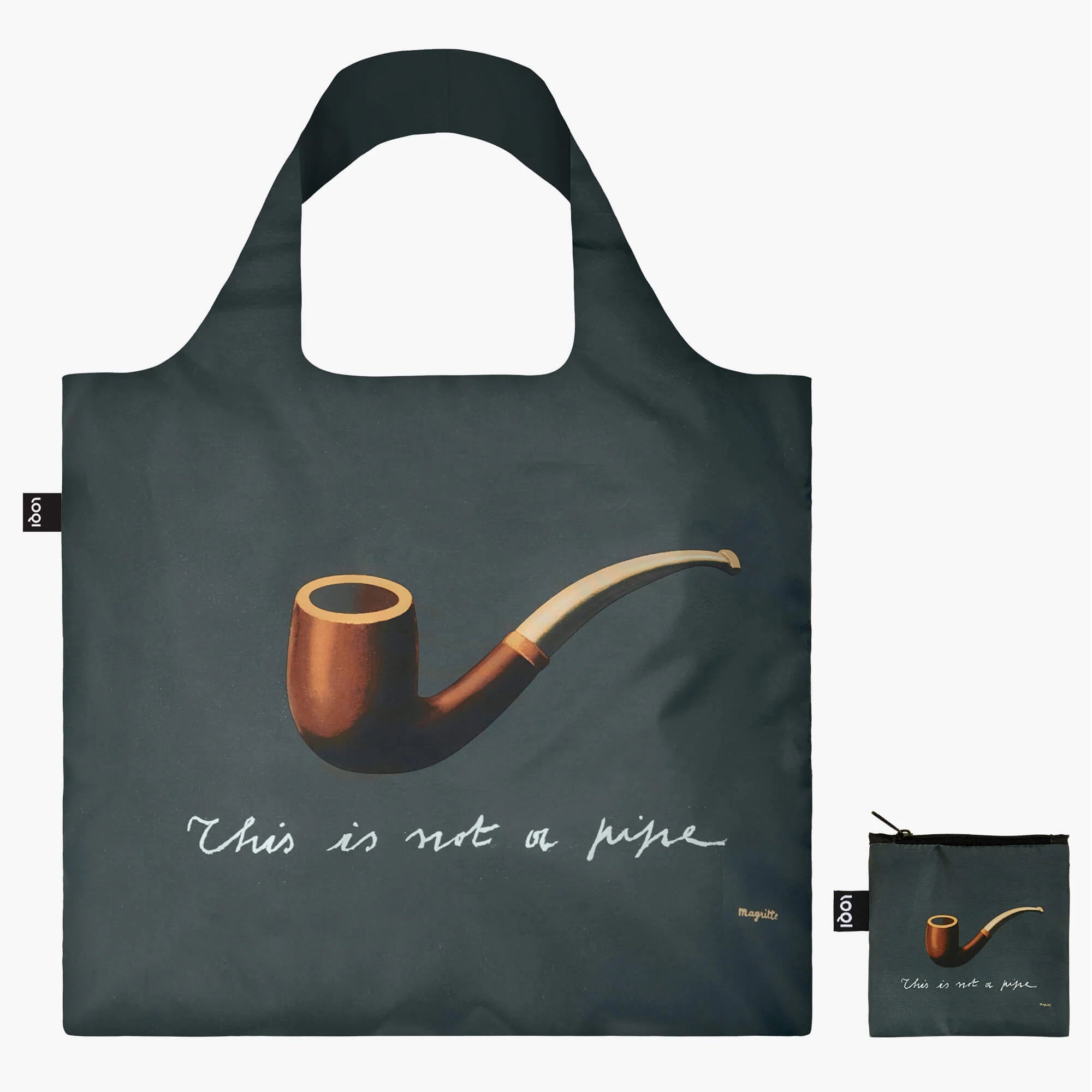 Torba podręczna Rene Magritte z nadrukiem fajki i napisem This is not a pipe w ciemnym kolorze